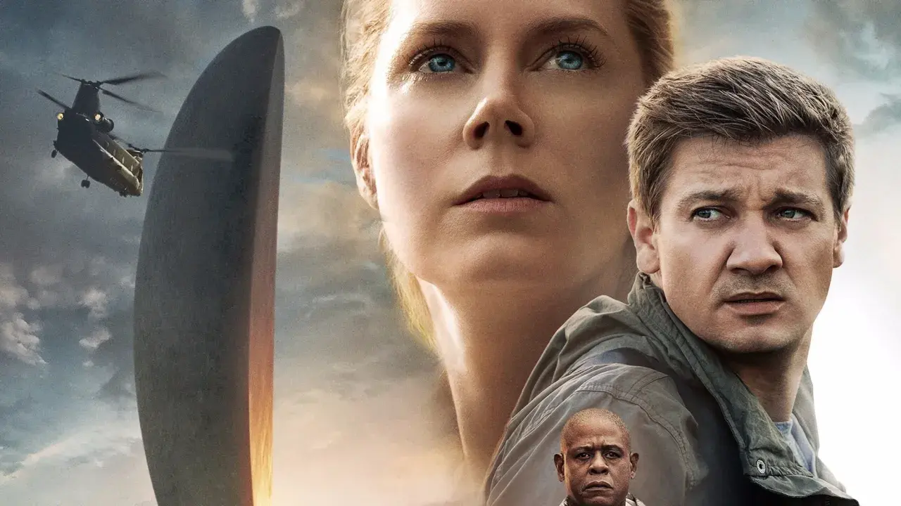 Plakat filmu science fiction z Amy Adams, Jeremym Rennerem, Forestem Whitakerem, helikopterem i obcym obiektem.