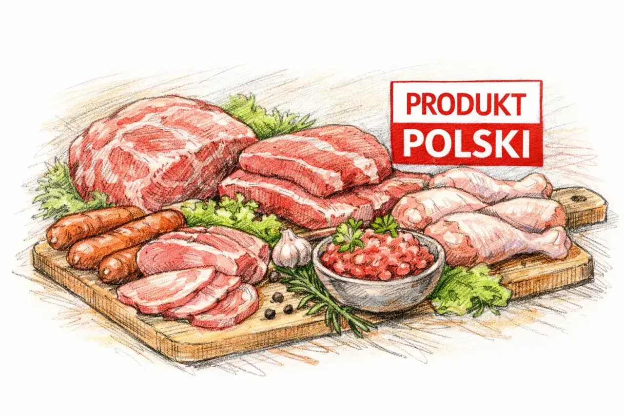 Co jeśli serial o polskim mięsie? Różne rodzaje mięsa, kiełbaski, kurczak, mielone, czosnek, zioła na desce.
