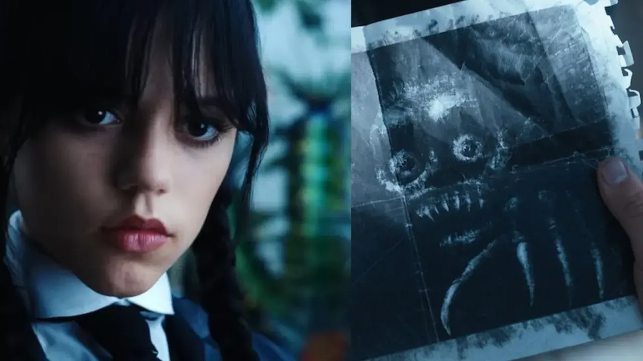 Wednesday Addams patrzy na rysunek potwora, zastanawiając się, kto jest potworem w jej życiu.