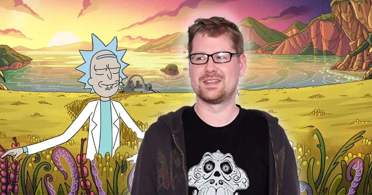 Rick Sanchez z serialu "Rick i Morty" na tle kosmicznego krajobrazu. Obok niego stoi mężczyzna w okularach.