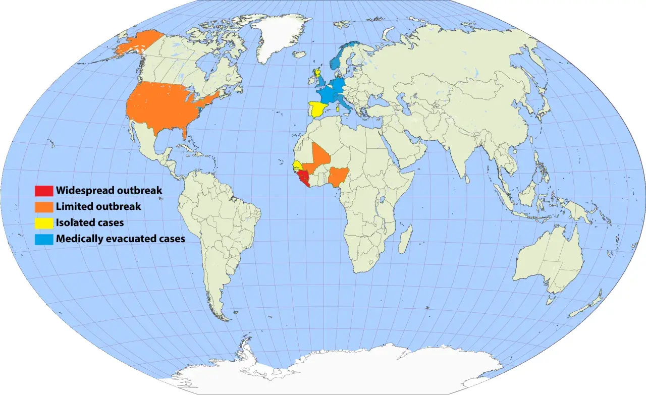 Mapa świata z zaznaczonymi ogniskami chorób: USA i Afryka Zachodnia to **the hot zone**, Europa ma pojedyncze przypadki i ewakuacje.