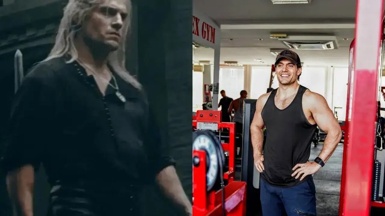 Henry Cavill bez koszulki w siłowni, obok ujęcie z Wiedźmina.
