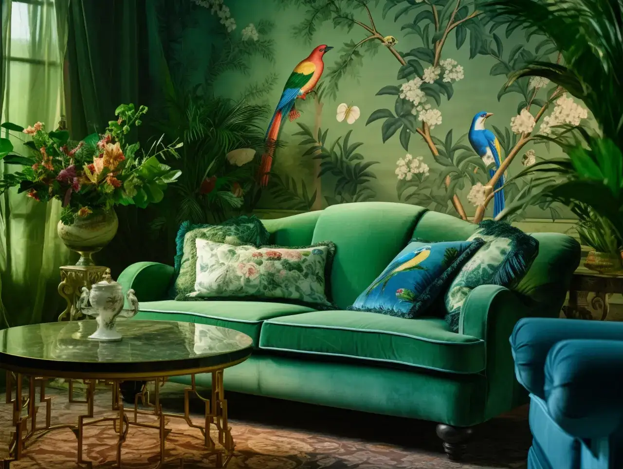 Zielona sofa i stolik kawowy tworzą wnętrze w królewskim stylu. Tapeta z ptakami i kwiatami dodaje elegancji.