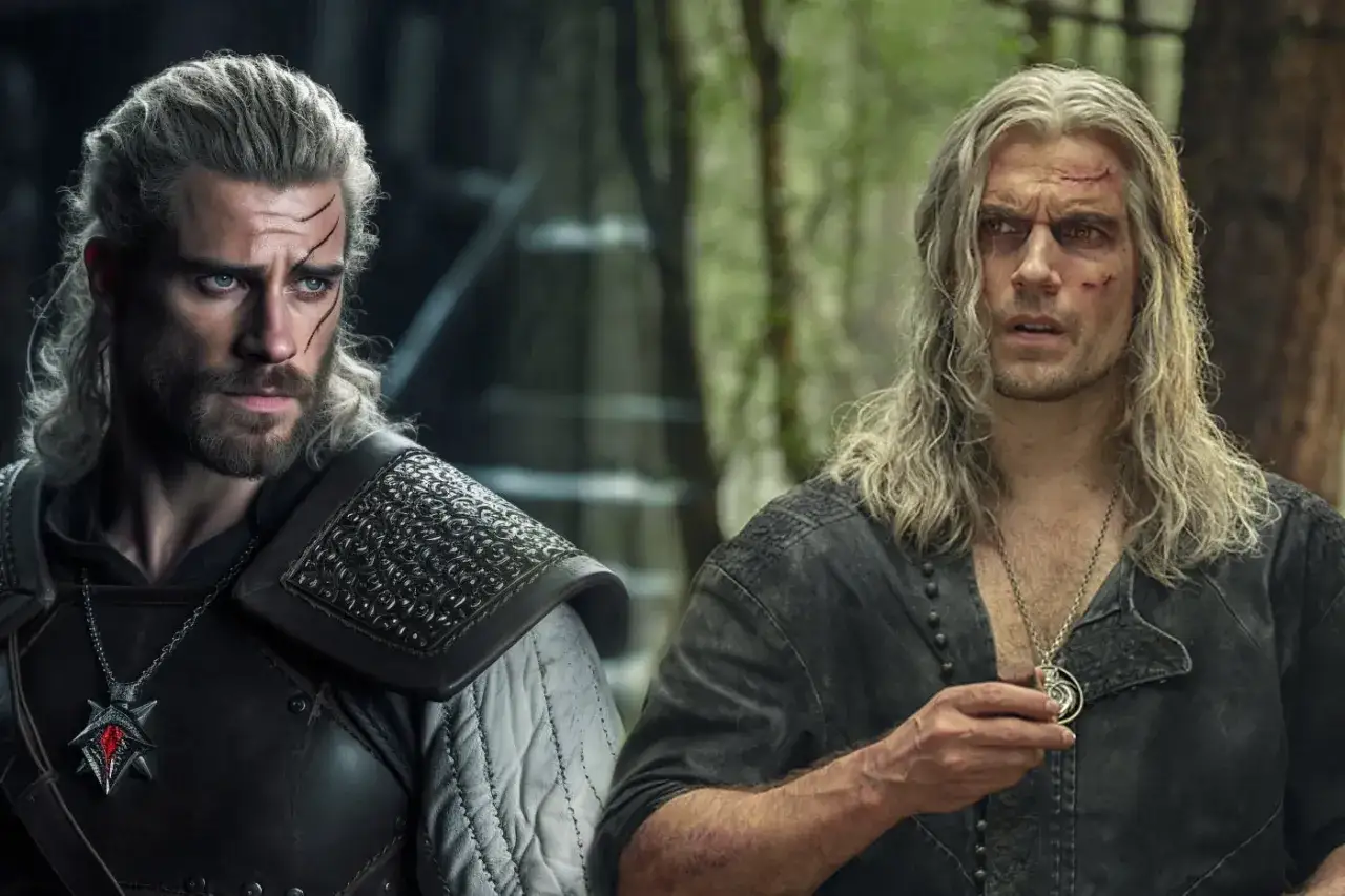 Geralt z Rivii, gotowy na kolejny sezon Wiedźmina, z bliznami i wilczym medalionem.