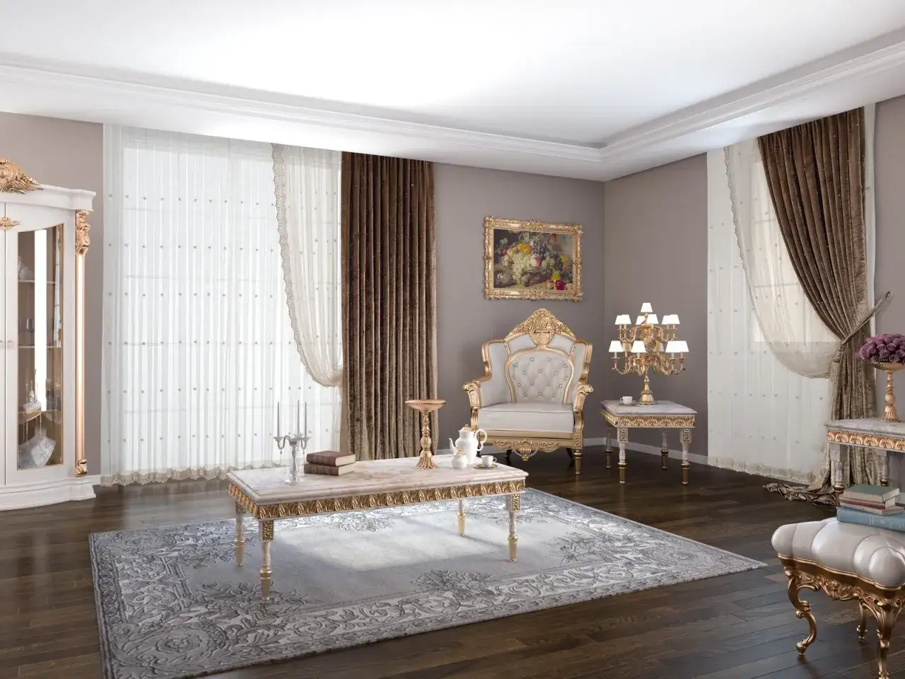 Elegancki salon w królewskim stylu, z fotelem i stolikami ozdobionymi złotymi detalami, tworzy luksusową atmosferę.
