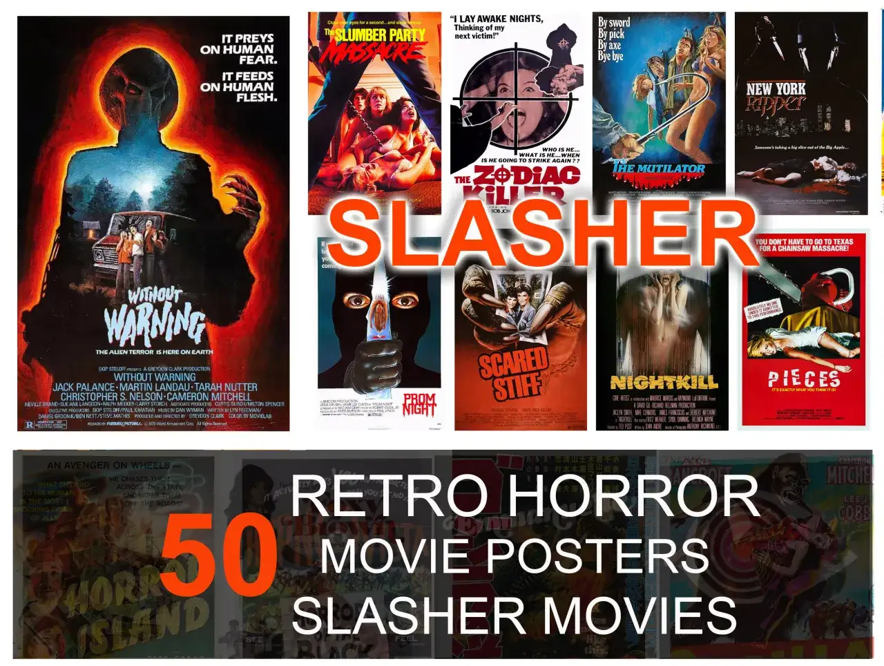 Slasher body horror 80s movie posters collage