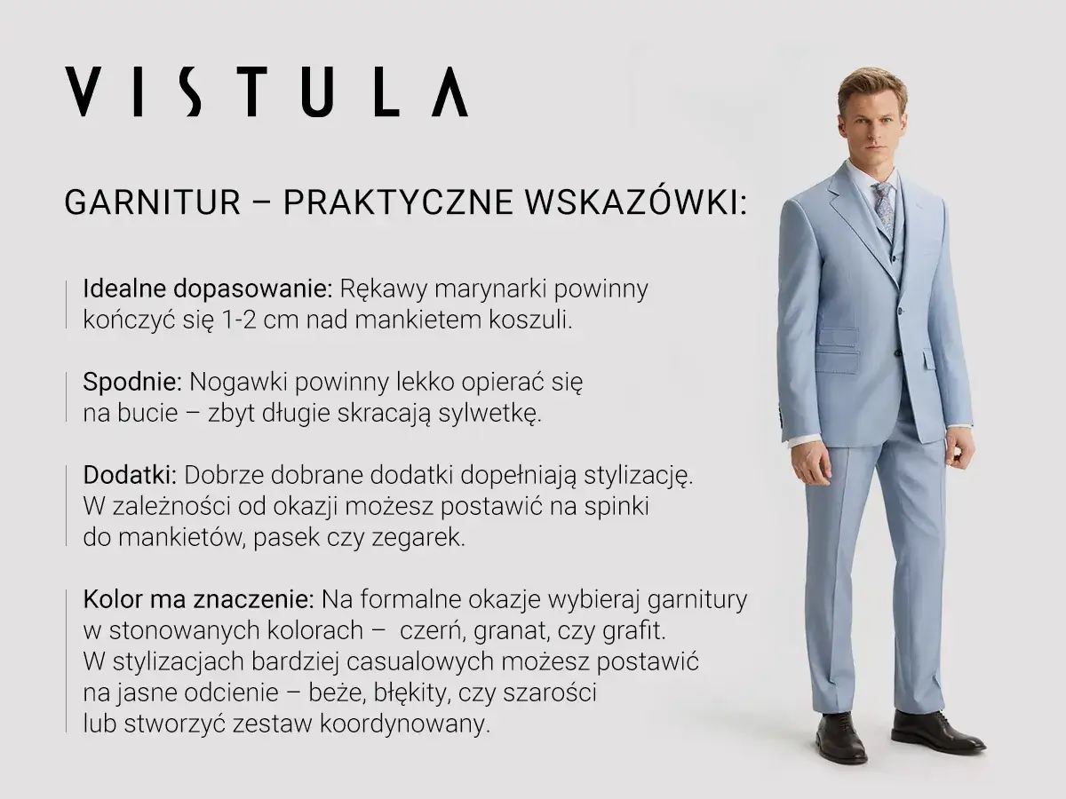 Eleganccy mężczyźni w garniturach, prezentujący idealne dopasowanie i styl. Jasnobłękitny komplet z kamizelką.