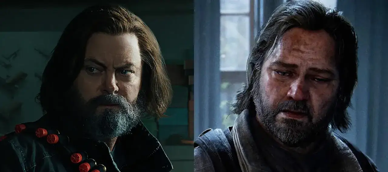 Bill z The Last of Us, z nabojami na ramieniu, obok smutnego Joela.