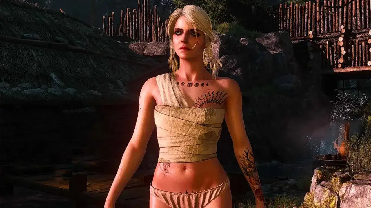 Ciri z tatuażami, w skąpym stroju, zamyślona. Czy Ciri była lesbijką? Jej spojrzenie sugeruje tajemnicę.