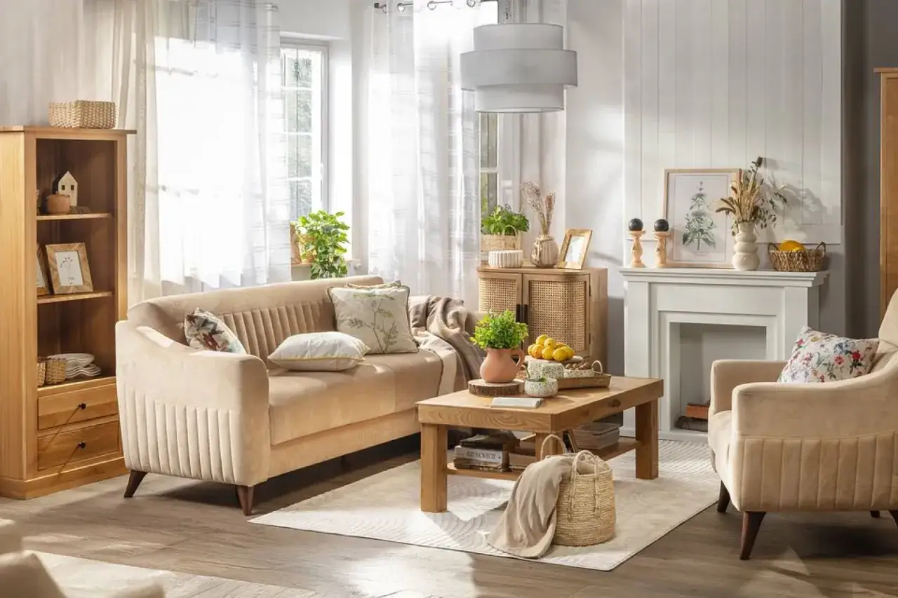 Jasny salon z beżową kanapą i fotelem, drewnianymi meblami i kominkiem. Aranżacja w królewskim stylu, pełna światła i naturalnych materiałów.
